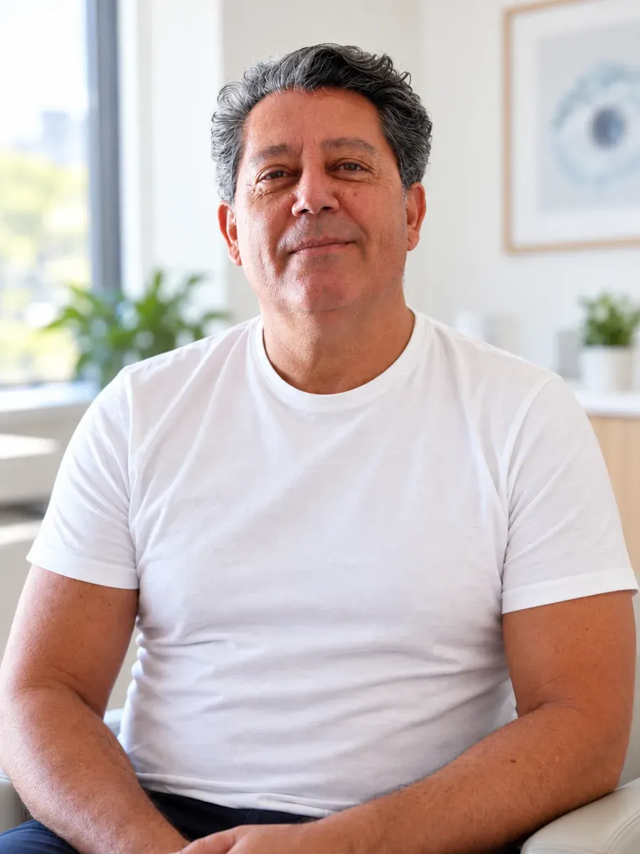 Mehmet Durandal, in a white t-shirt, sits in a bright clinic room and looks calmly at the camera.