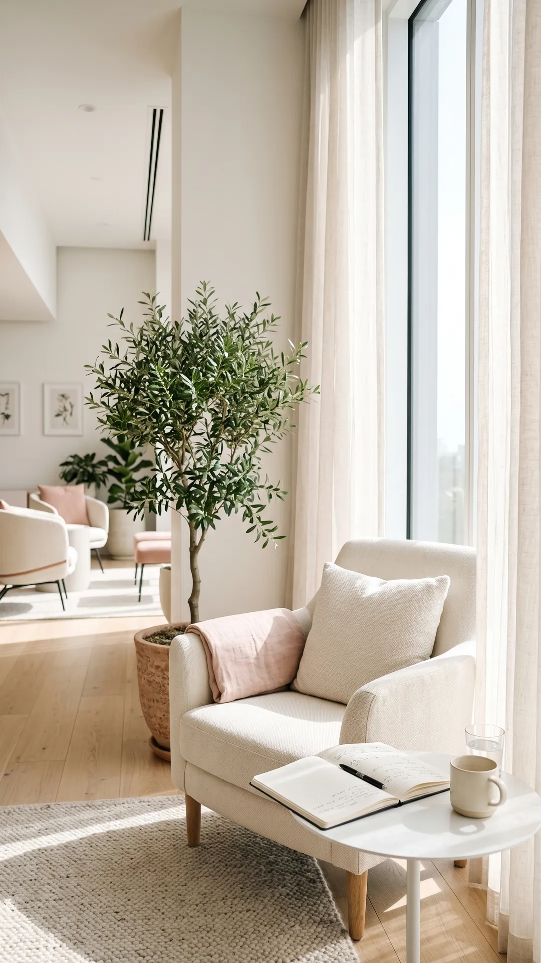 A bright reading corner in the clinic lounge, morning light across an open notebook.