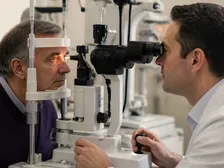 Slit-lamp YAG laser unit positioned for an eye procedure