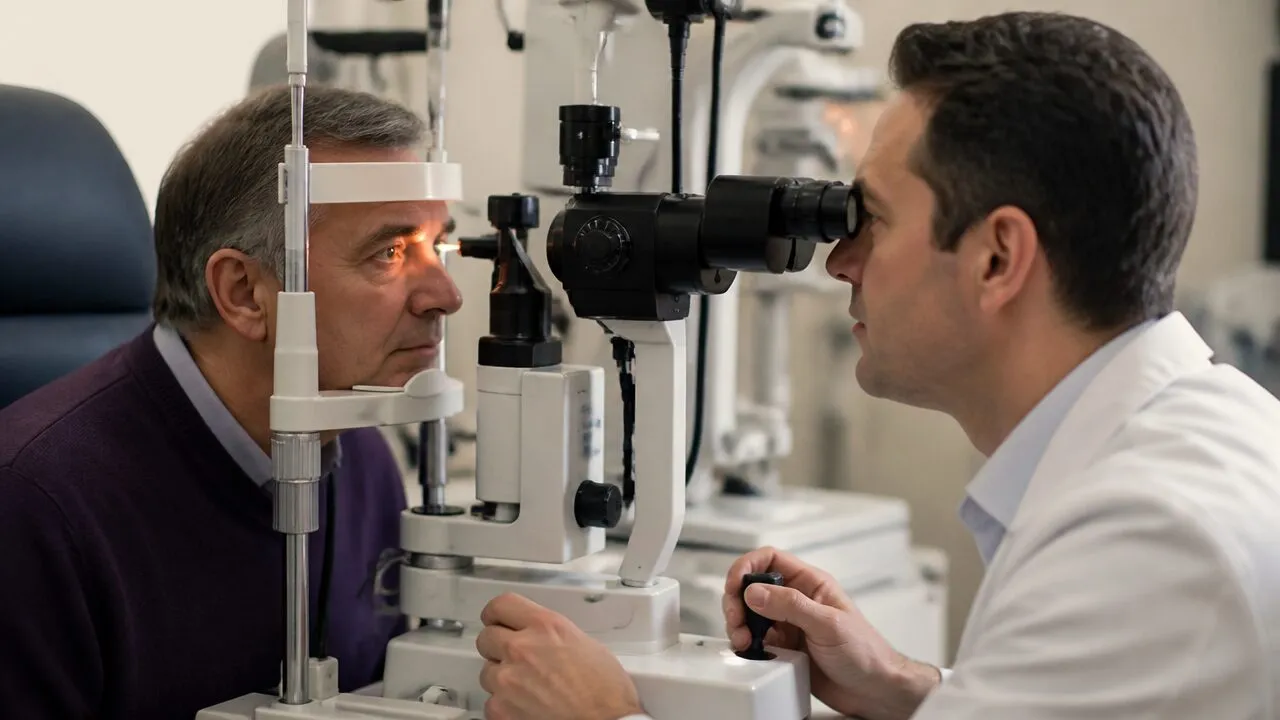Slit-lamp YAG laser unit positioned for an eye procedure