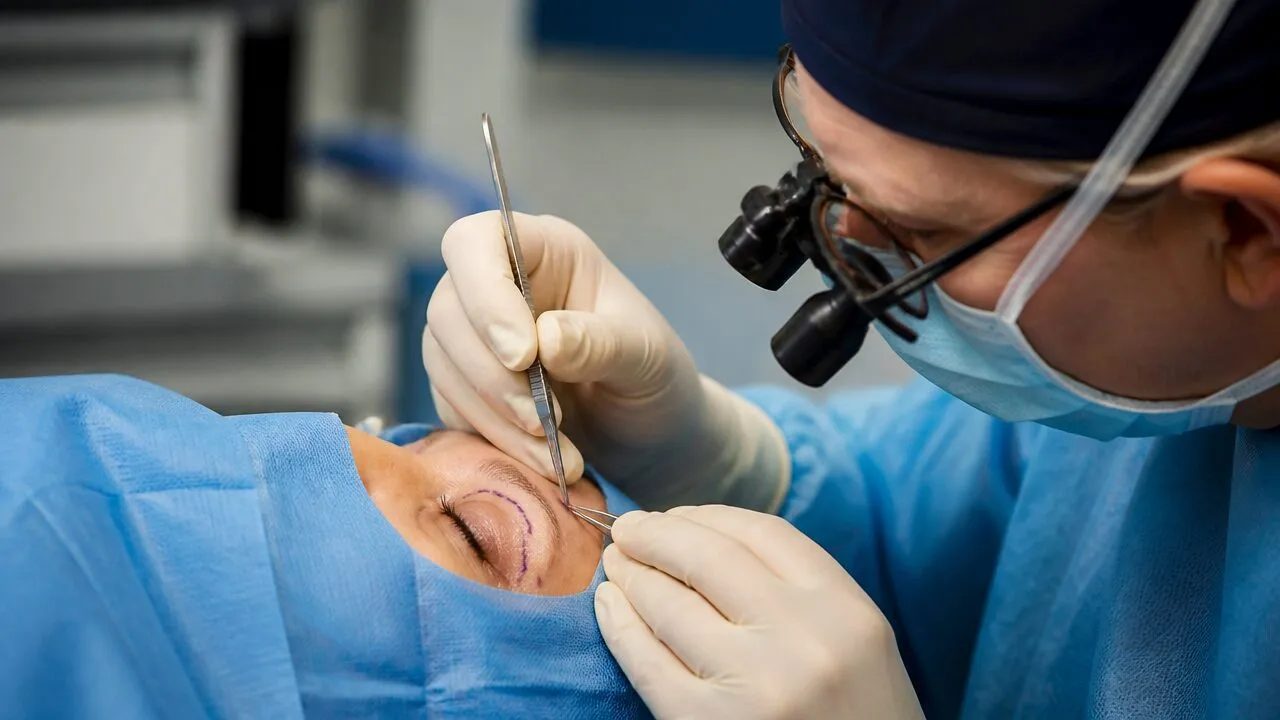 Blepharoplasty surgery correcting sagging upper eyelid skin