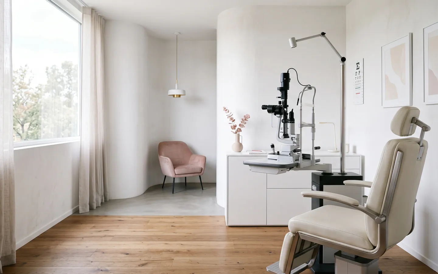 A calm consultation room with daylight across an empty examination chair.