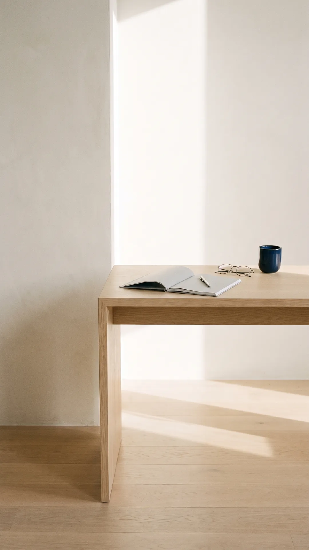 An open notebook, a pen and a pair of glasses on a pale oak desk in daylight.