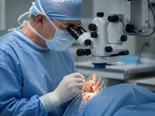 Phacoemulsification cataract surgery with an intraocular lens being implanted
