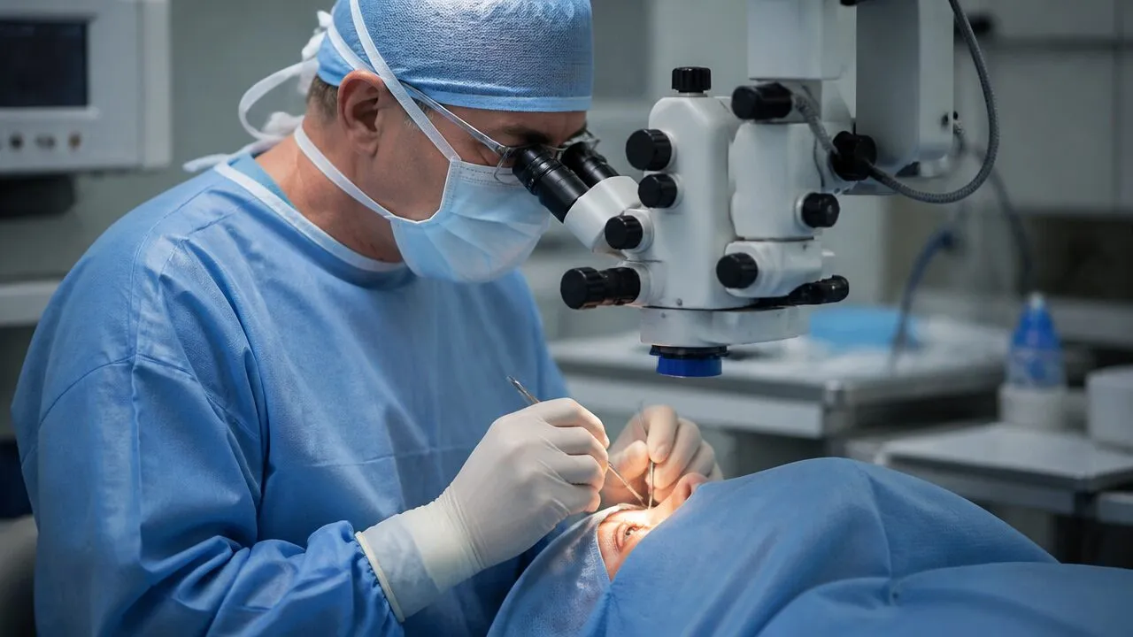 Phacoemulsification cataract surgery with an intraocular lens being implanted
