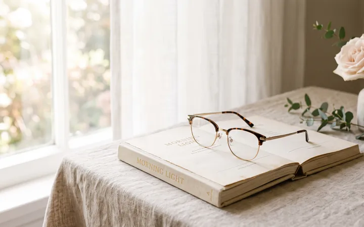 Reading glasses resting on an open book beside a bright window.
