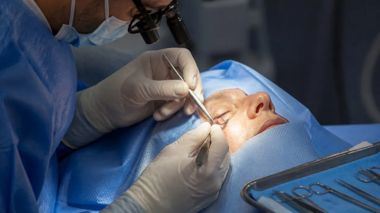 Close-up of an eyelid showing a small mass before surgical excision