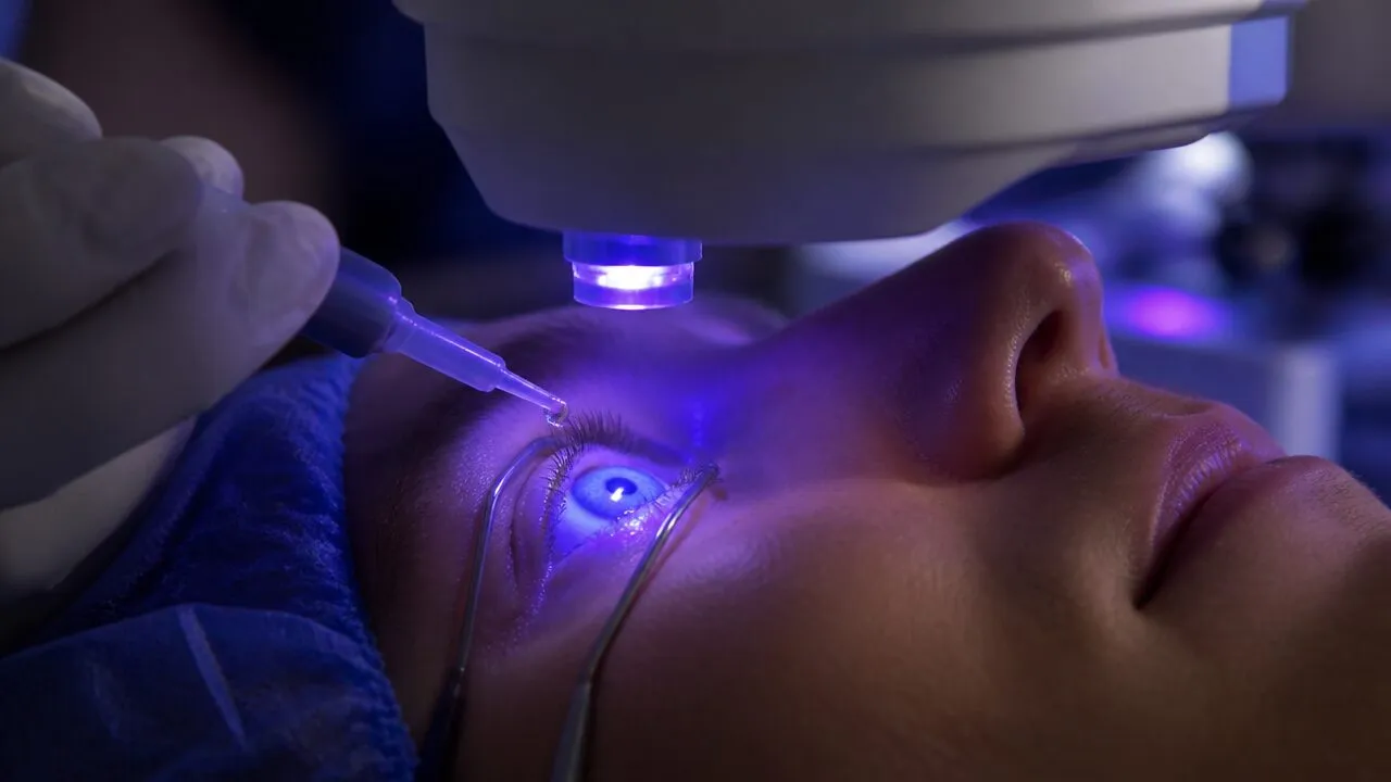 An eye undergoing corneal cross-linking with UV-A light after riboflavin application