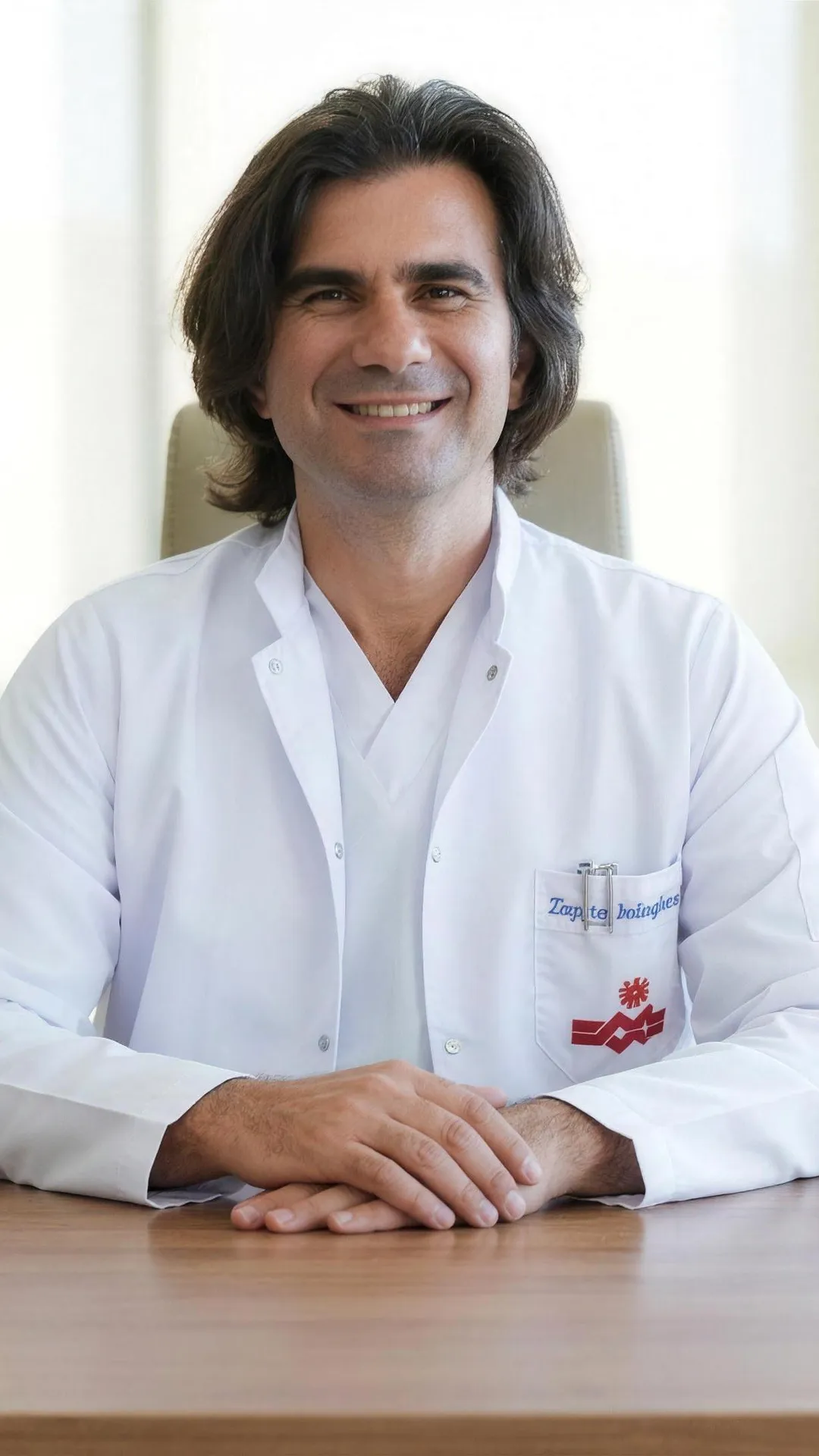 Prof. Dr. Çağatay Çağlar in his consulting room, seated at his desk in a white coat.