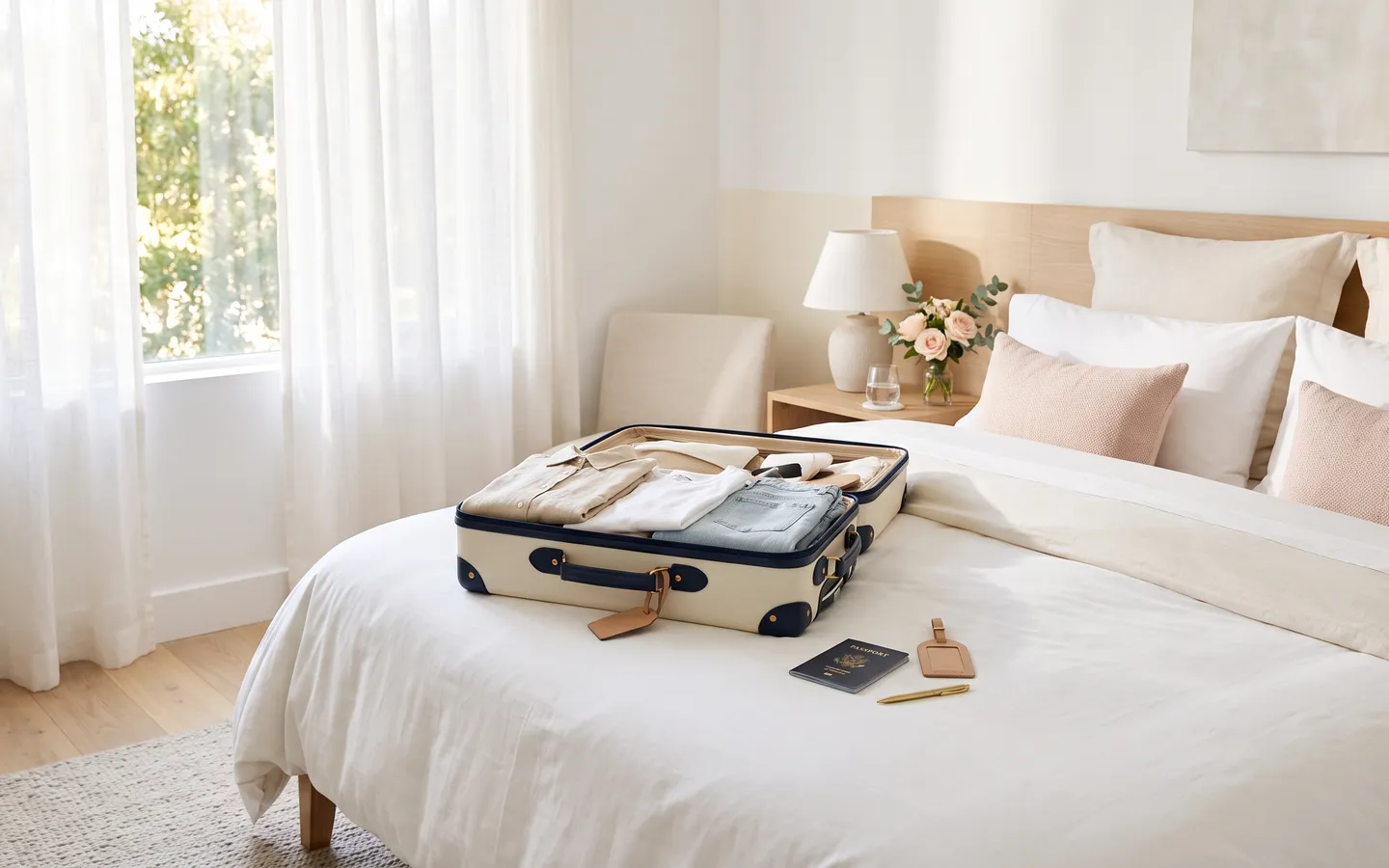 An open suitcase on a bright hotel bed with morning light through sheer curtains.