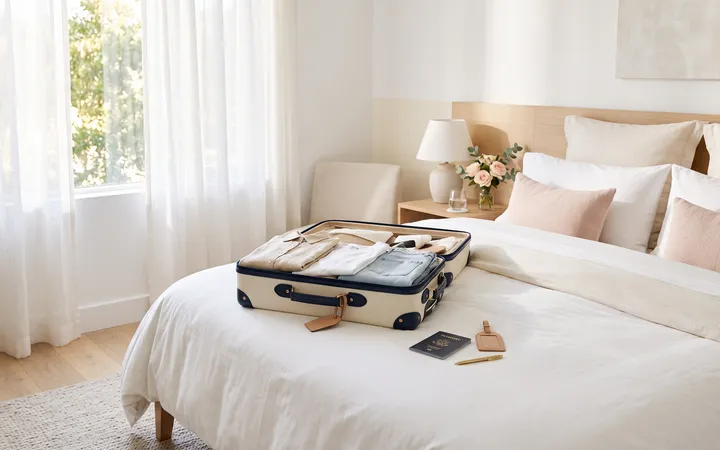 An open suitcase on a bright hotel bed with morning light through sheer curtains.