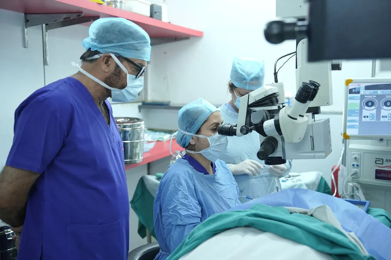 Intravitreal injection being administered into the eye in a sterile setting