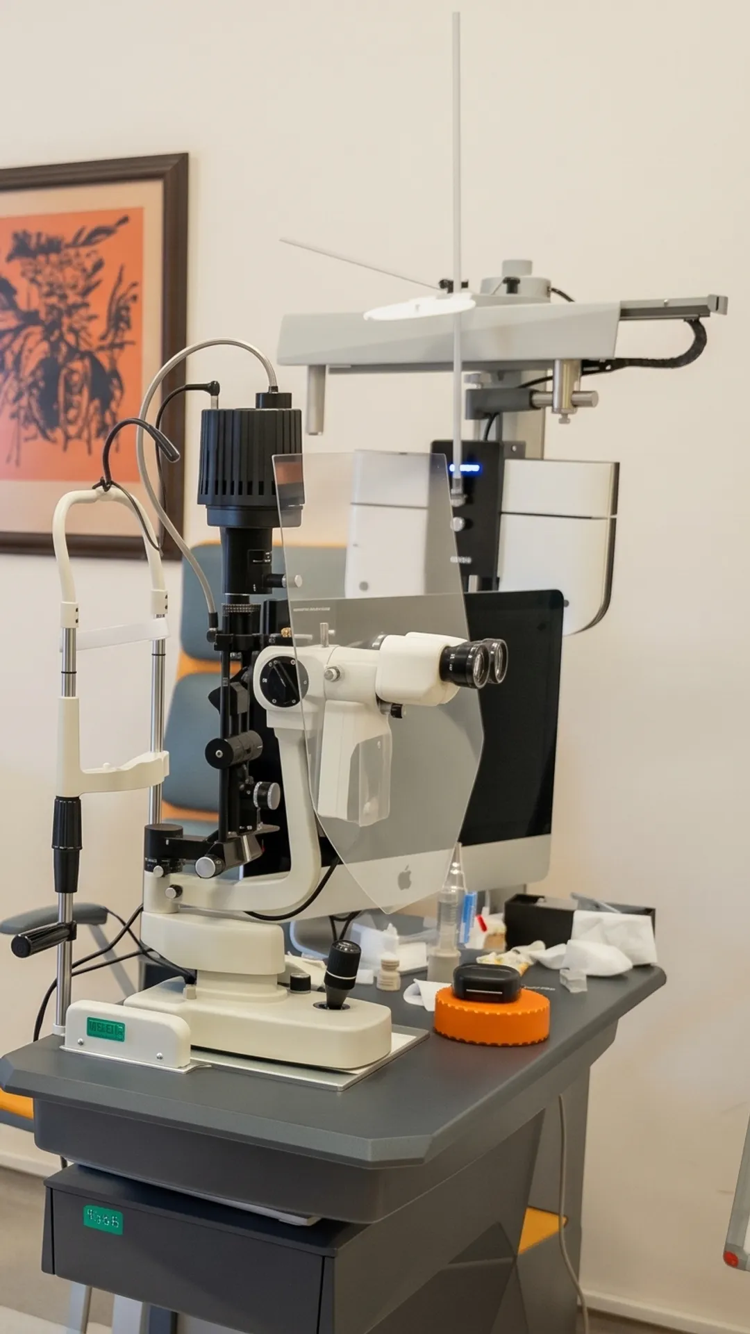 A consulting room at the İstanbul clinic, a slit lamp on its instrument table beside the desk.
