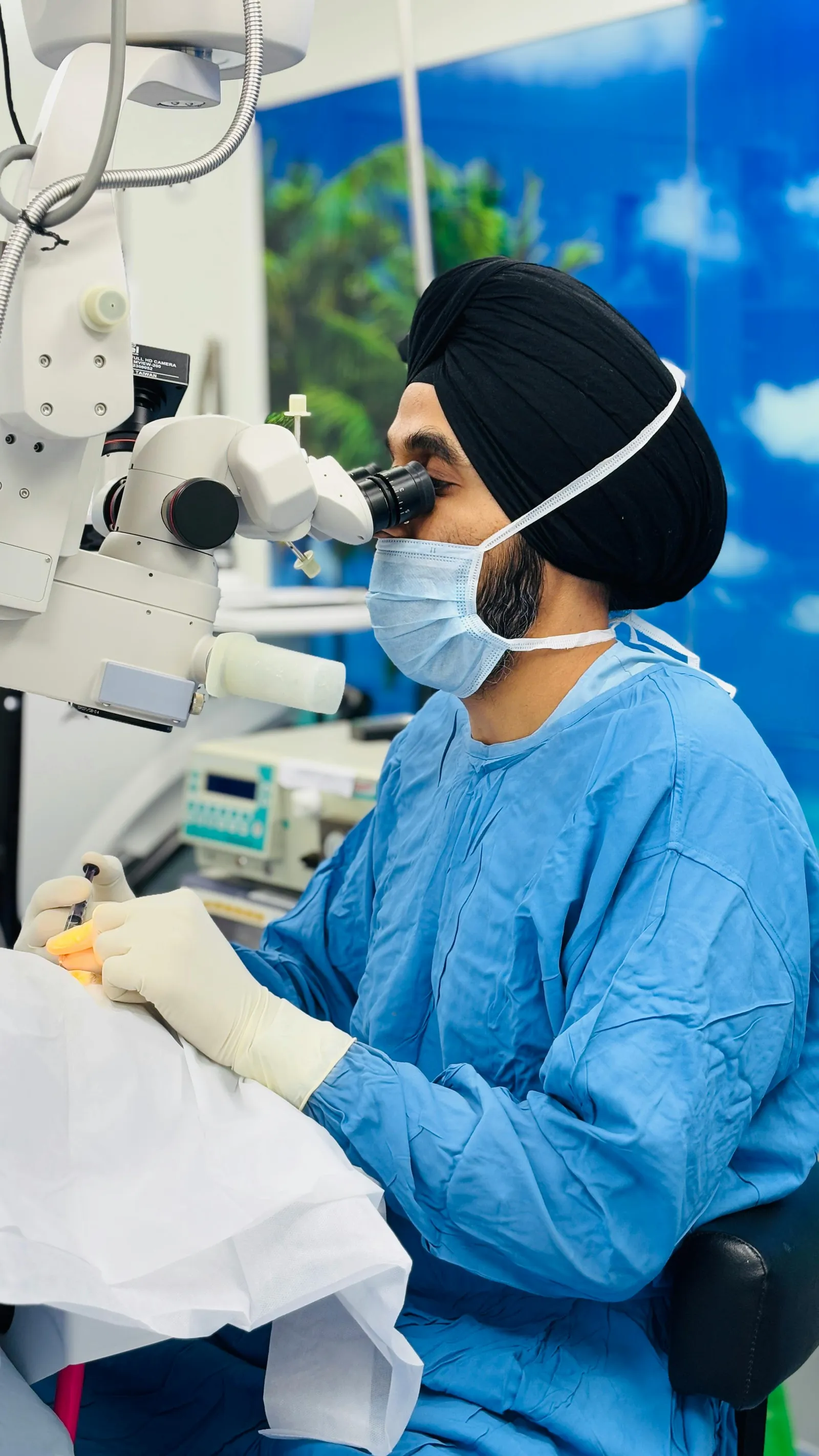 Surgical view of the eye during a glaucoma drainage procedure