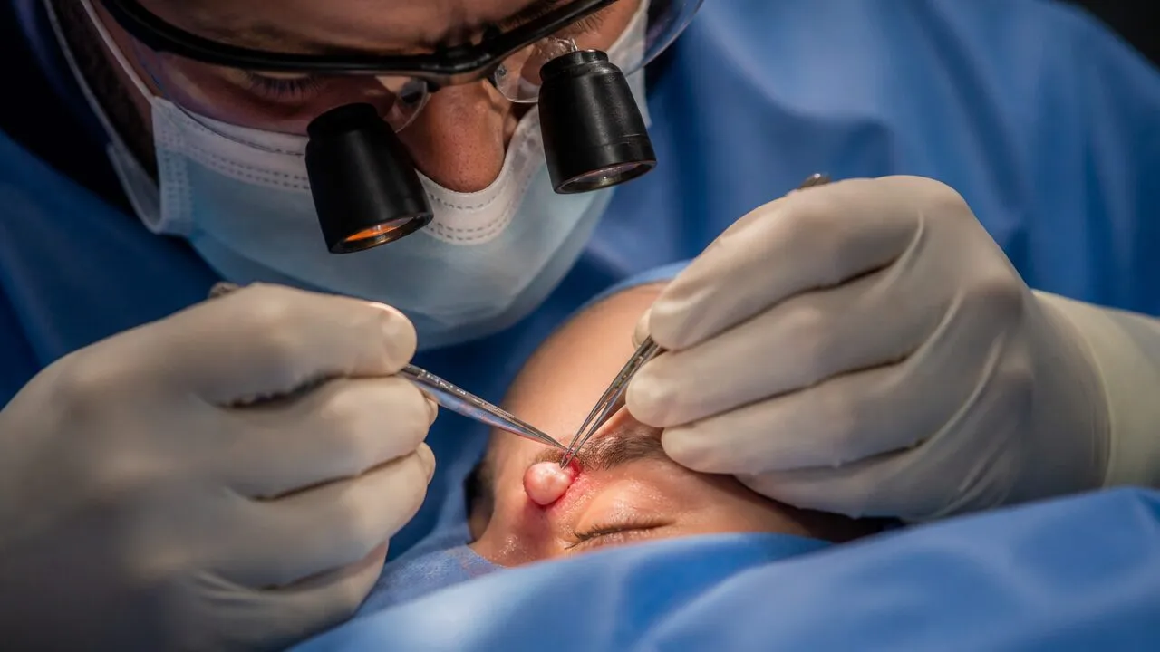 A firm rounded cyst near the outer edge of a child's eyebrow before excision
