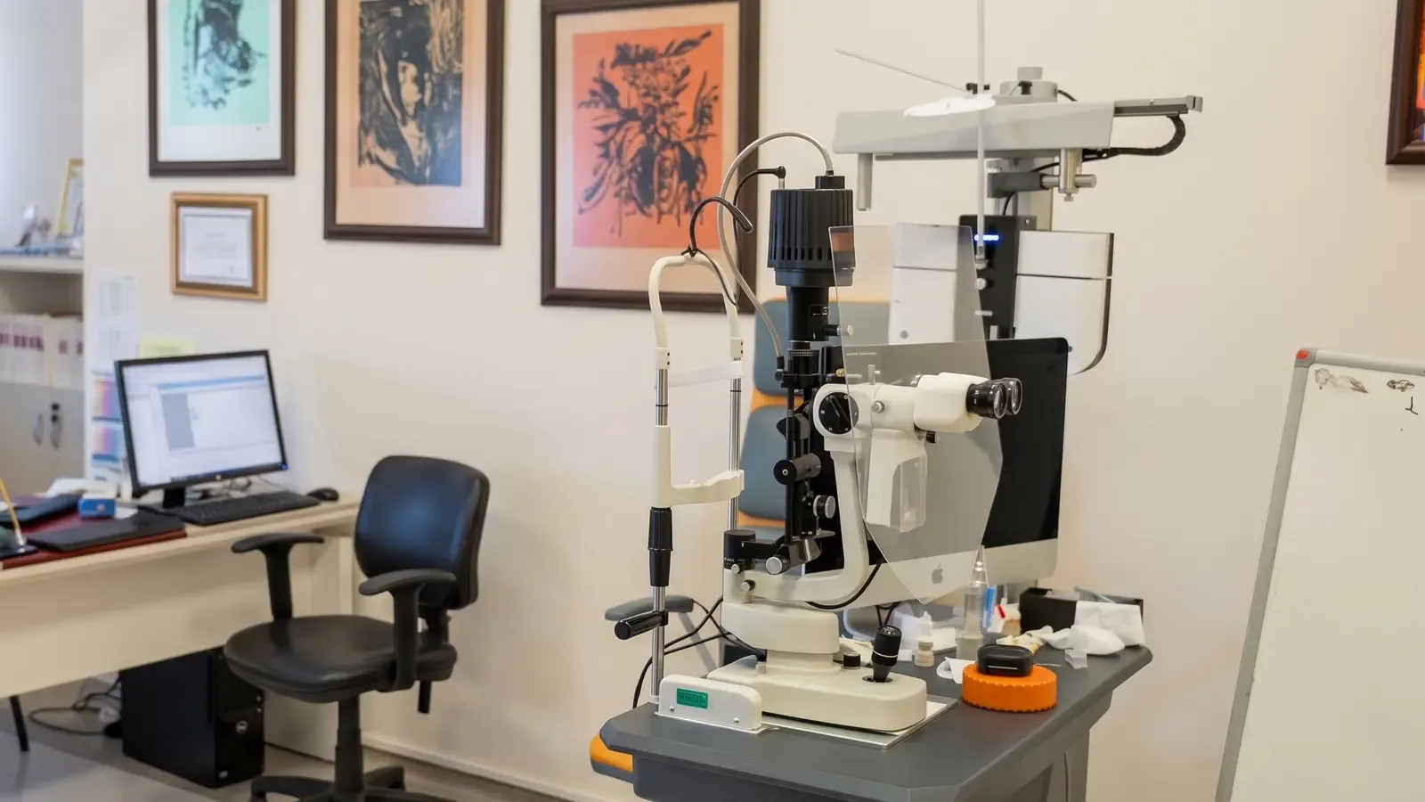 A consulting room with a slit lamp examination unit beside a desk and framed prints on the wall.
