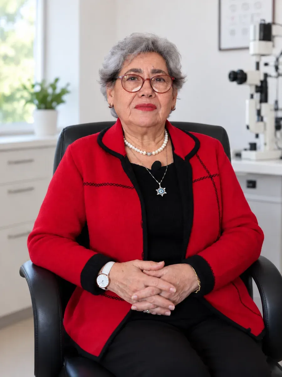 Mualla Tetik, in a red jacket and pearl necklace, sits in a consulting room chair with her hands folded.