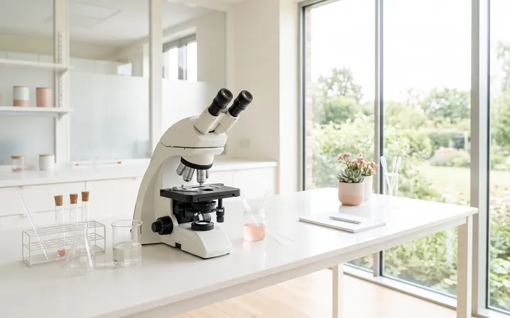 A bright laboratory bench with a microscope beside a large window.