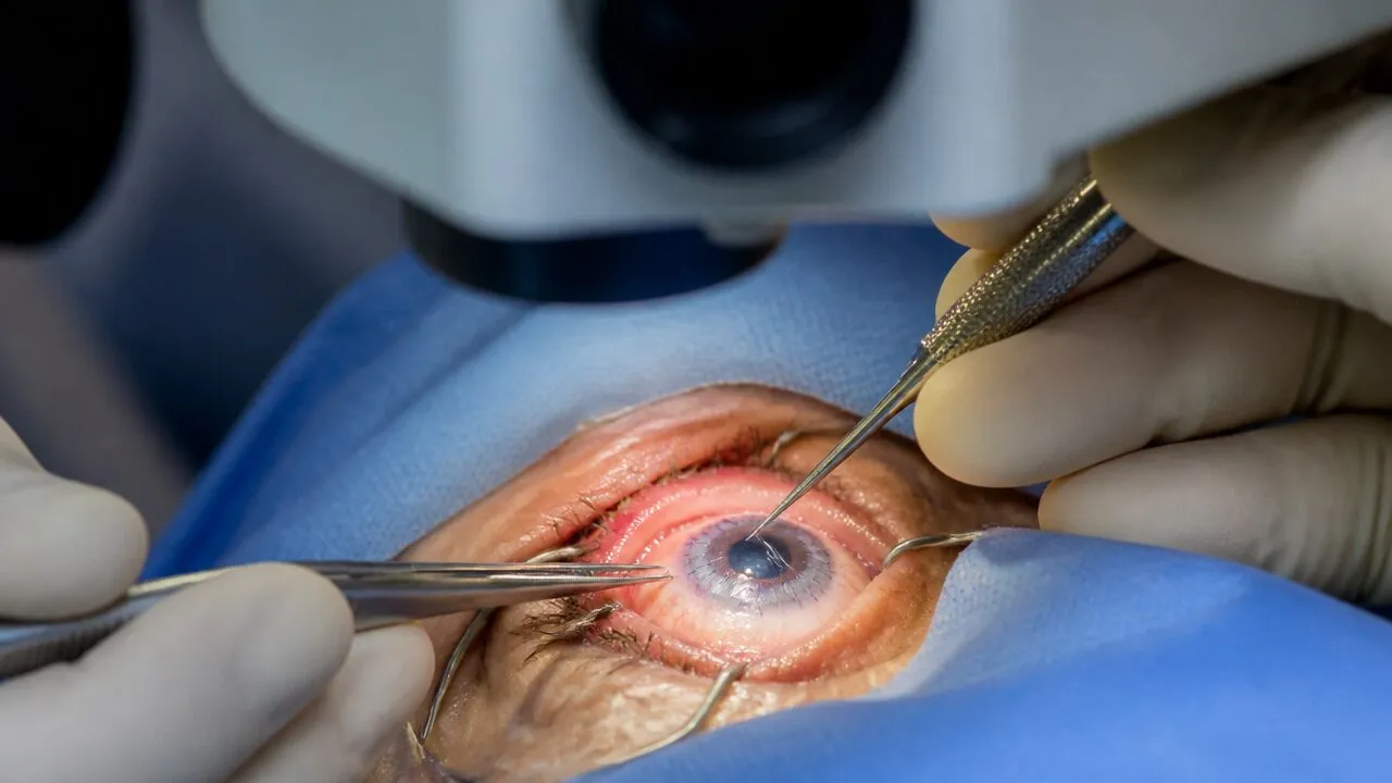 Clear donor cornea sutured into place during a corneal transplant
